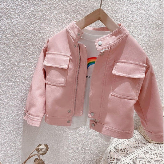 Kid Boy Girl Spring Autumn Children's Clothing Windbreaker Pink Leather Jacket - KGLJK2762