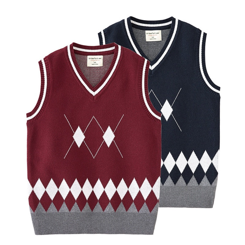 Kids Boys Girls Outerwear Sweater Vest V Neck Sleeveless Pullover Knit School Waistcoat Tops 3-12Y - KBSW2421