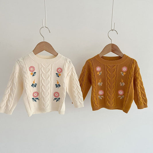 Infant Baby Girl Sweater Floral Embroidery Long Sleeve Knitting Pullover Autumn Spring Children Clothes - BTBCS2550