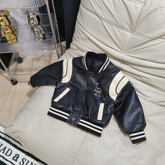 Kid Girl Boy Baseball Jacket Single Breasted Toddler Child Leather Coat Autumn Spring Baby Outerwear - KGLJK2774
