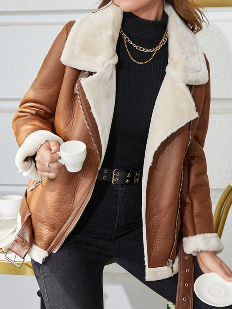 Women Thick Warm Faux Sheepskin Jacket Female Zipper Loose Coat with Belt Outwear - WJK2615