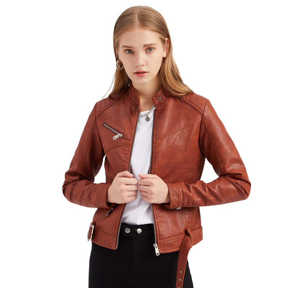 Women Leather Jacket Stand Collar Fashion Belt Zipper Decoration Jackets - WJK2613