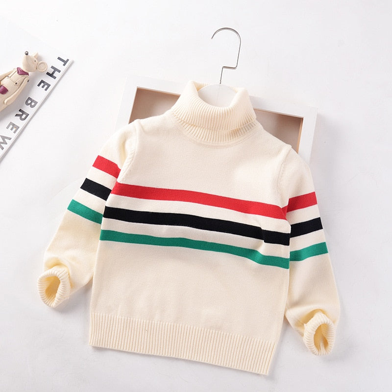 Boys Turtleneck Sweater Winter Cotton New Girls striped Knitted Sweaters 4-10year base Pullover Tops - KBST2557