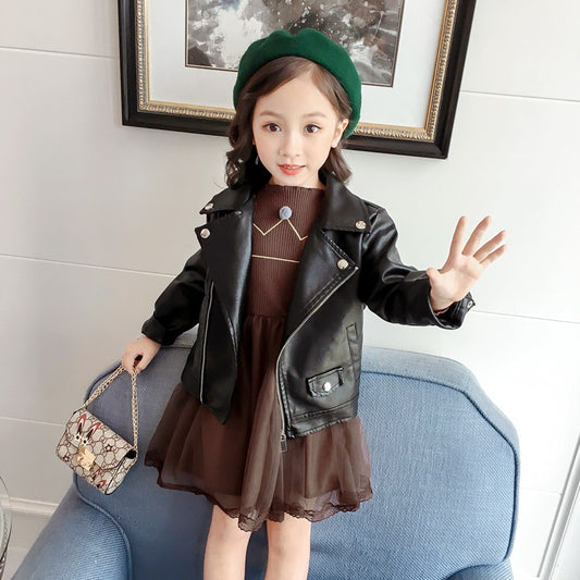 Kids Girl Princess Coat Solid Full Sleeve Zipper PU Leather Top Jacket Children Fashion Girls Short Outwear - KGLJK2770