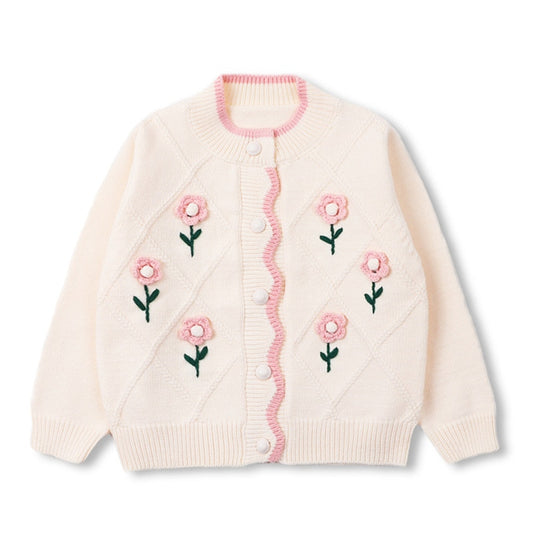 Baby Girl Long Sleeve Knit Cardigan Infant Autumn Princess Embroidery Flower Sweater Girls Knitted Coat - BTGCS2433
