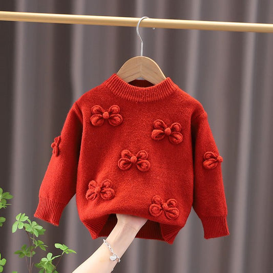 Kid Sweater Autumn and Winter Girl's Round Neck Pullover Sweater Fashion Bowknot Knitwear Baby's Outwear Top - BTGCS2467