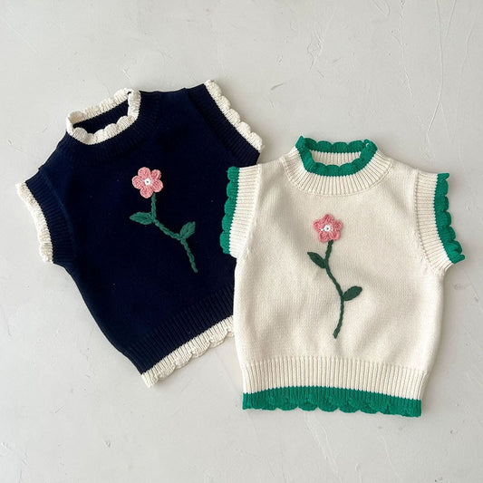 Girls Sweater Pullover Sleeveless Floral Embroidery Autumn Spring Newborn Baby Girls Knitting Pullover Vest - BTBCS2536