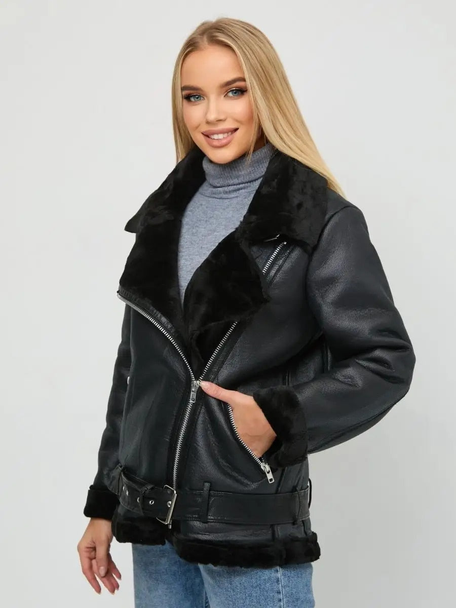 Women Leather Jacket Long Collar Patchwork Coat Sashes Waist Women Pu Leather Jackets - WJK2600