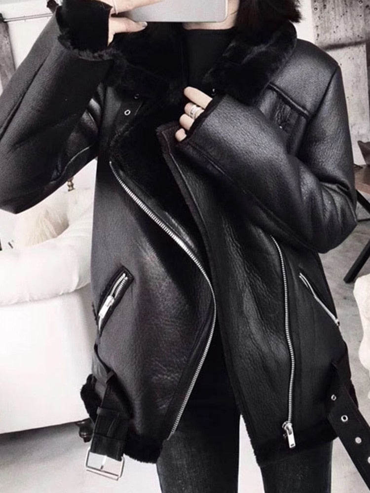 Women Thick Faux Leather Fur Sheepskin Coat Female Fur Leather Jacket Outwear - WJK2633