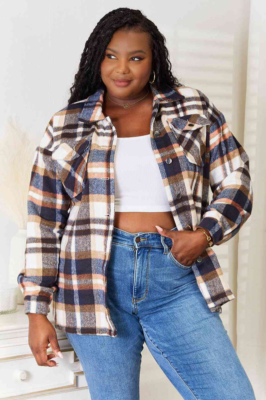 Women's Double Take Plaid Button Front Shirt Jacket with Breast Pockets