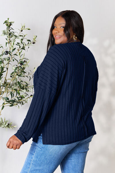 Basic Bae Full Size Ribbed Round Neck Slit Knit Top Sweater