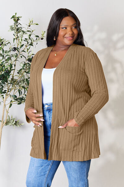Women Basic Bae Full Size Ribbed Open Front Cardigan with Pockets