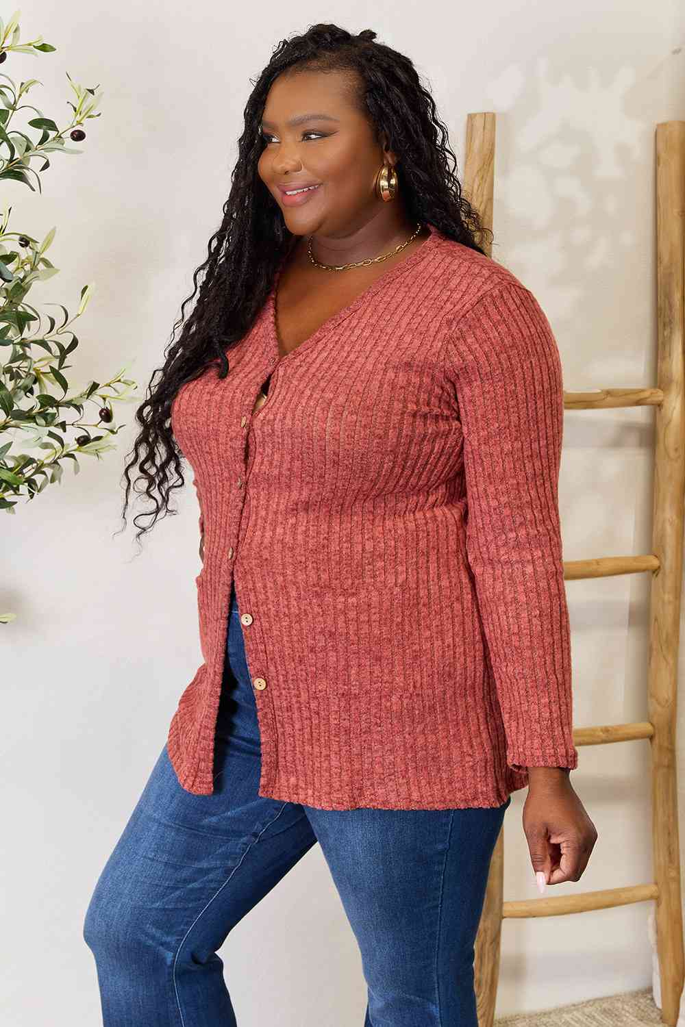 Women's Double Take Ribbed Button-Up Cardigan with Pockets