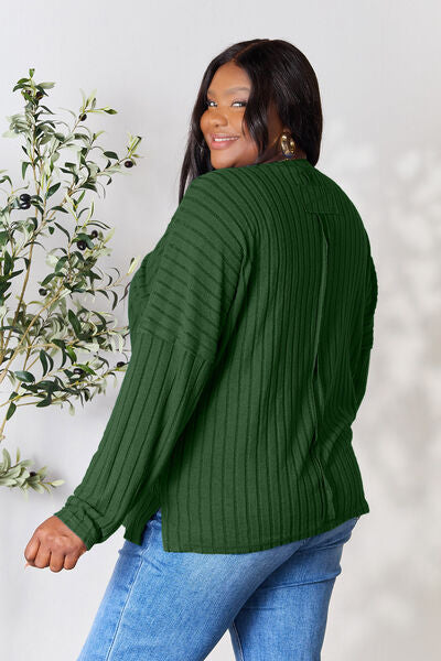 Basic Bae Full Size Ribbed Round Neck Slit Knit Top Sweater