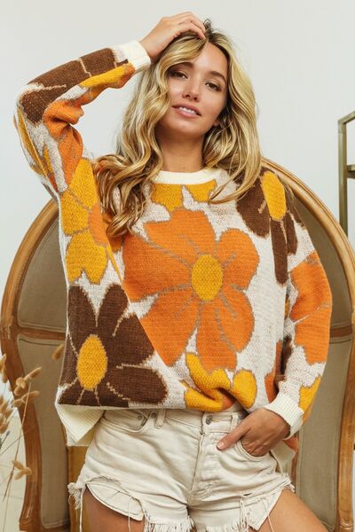 Women's BiBi Round Neck Flower Pattern Sweater