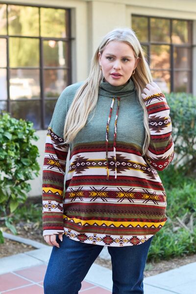 Celeste Design Full Size Geometric Turtleneck Drawstring Knit Top Sweater