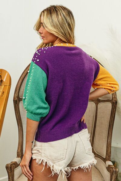 Women's BiBi Color Block Pearl Detail Round Neck Sweater