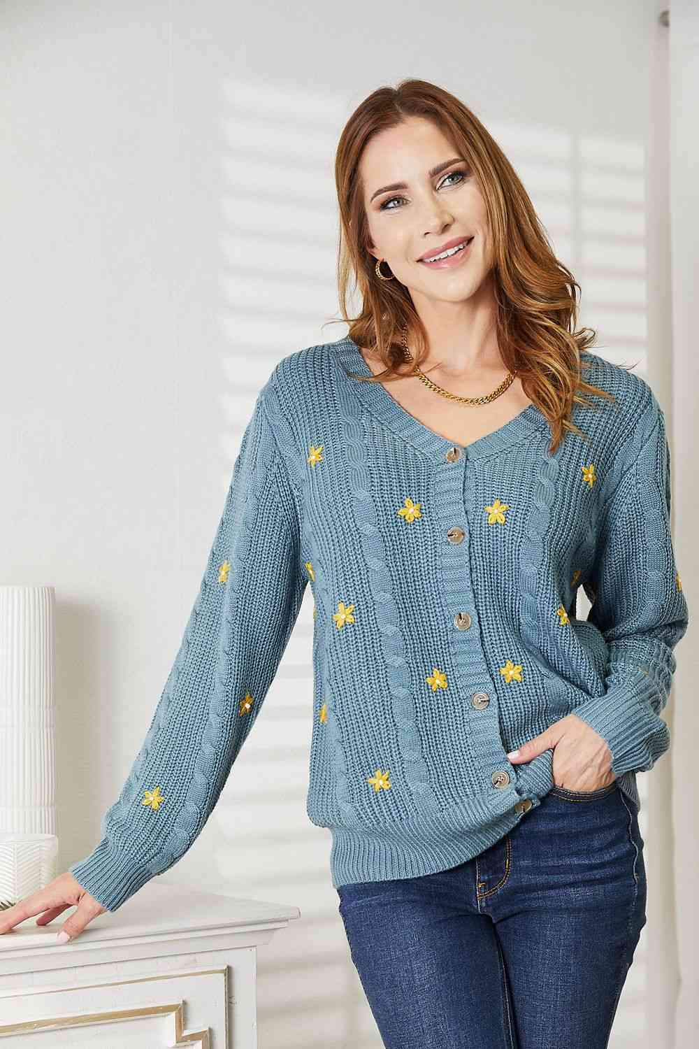 Women's HEYSON Full Size Floral Embroidered Cable Cardigan