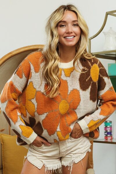 Women's BiBi Round Neck Flower Pattern Sweater