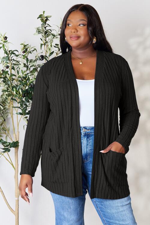 Women Basic Bae Full Size Ribbed Open Front Cardigan with Pockets