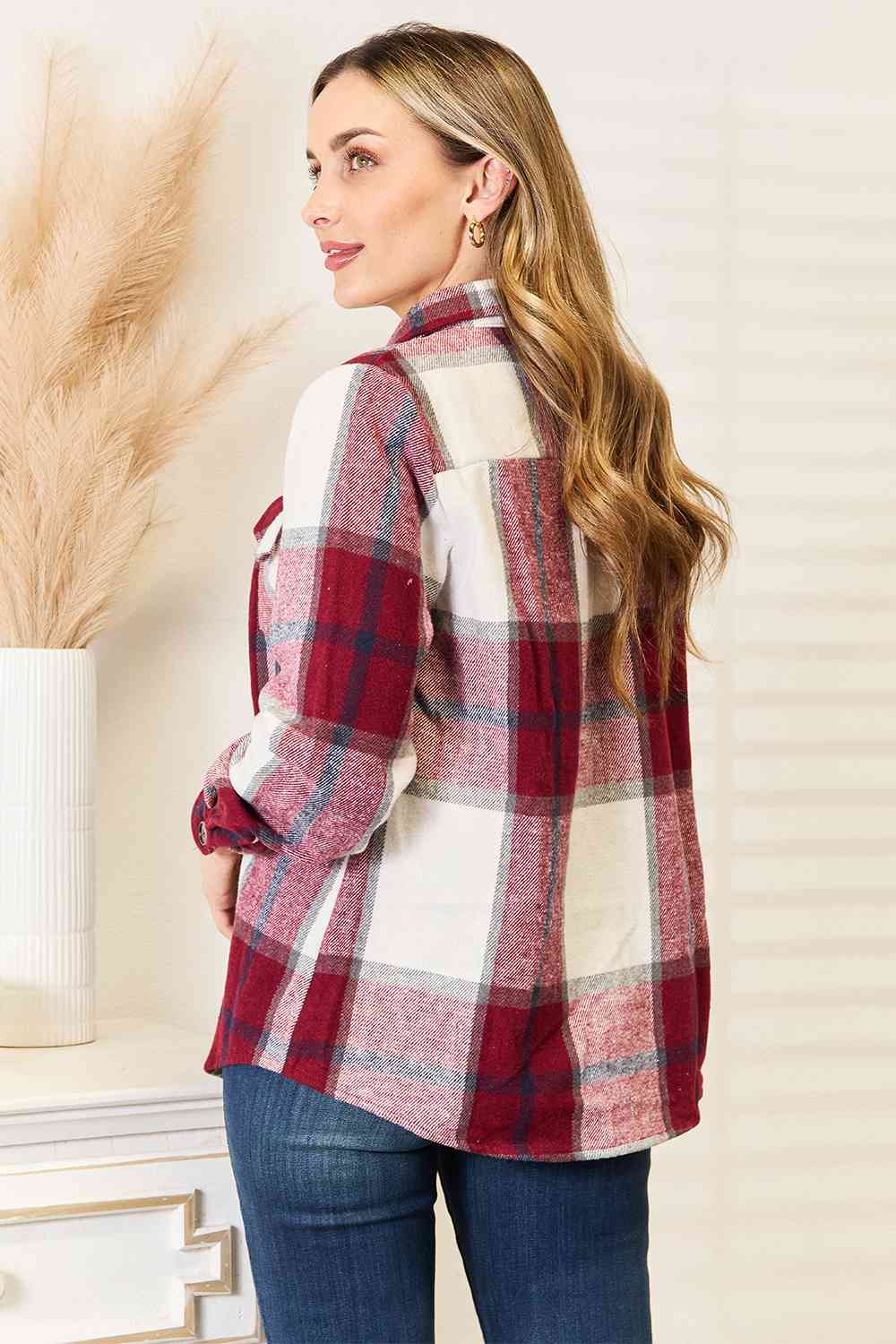 Women's Double Take Plaid Button Up Flannel Shirt Jacket